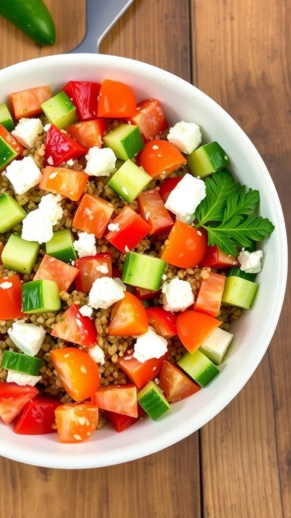 A colorful Mediterranean quinoa salad with tomatoes, cucumbers, and feta cheese on a rustic table.